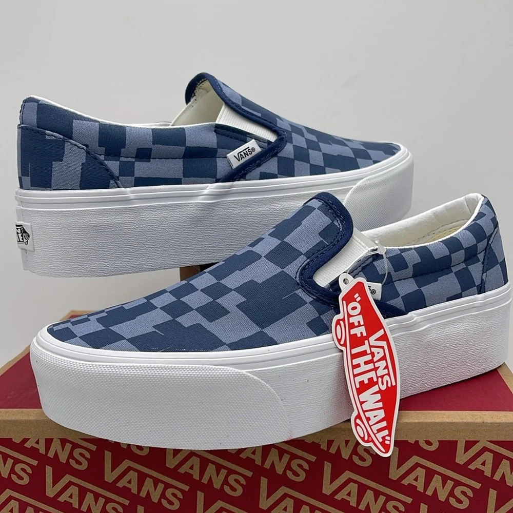 Vans WMNS Blue Checkered Classic Slip-On Sneakers Platforms Multi Check Blue